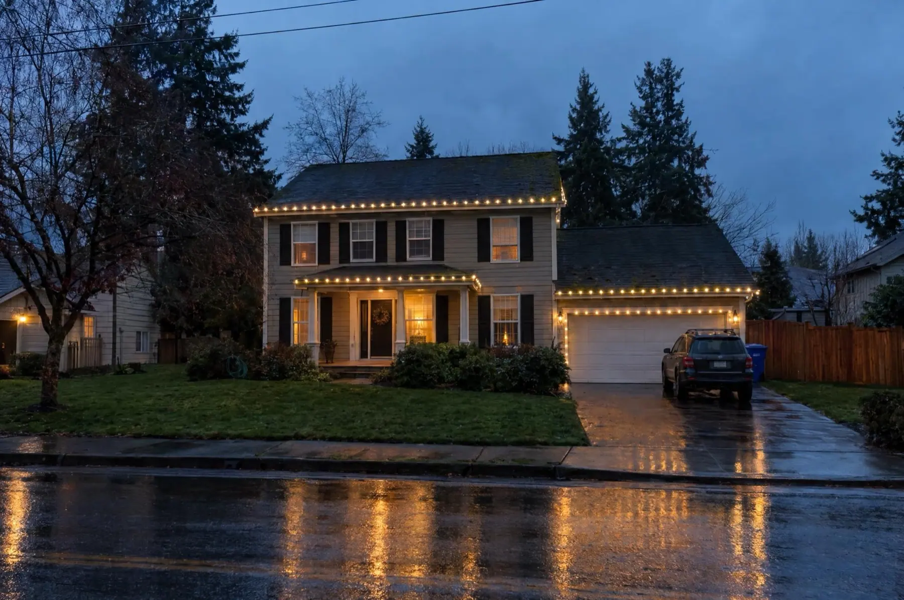 Illustration of a home with warm-white seasonal C9 roofline lights